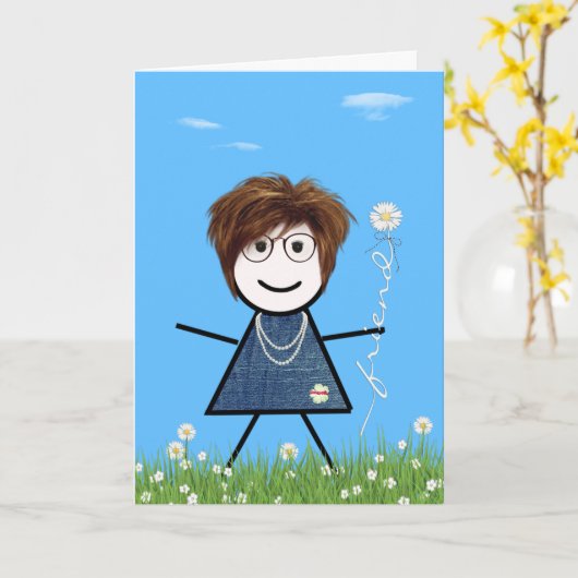 Moederdag stokpoppetje met vriendin en madeliefje kaart (Gele Bloem)