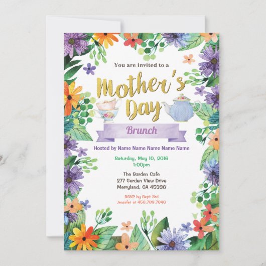 moederdag Tea Party Brunch Floral Waterverf Kaart (Voorkant)