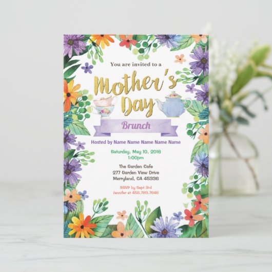 moederdag Tea Party Brunch Floral Waterverf Kaart (Staand voorkant)