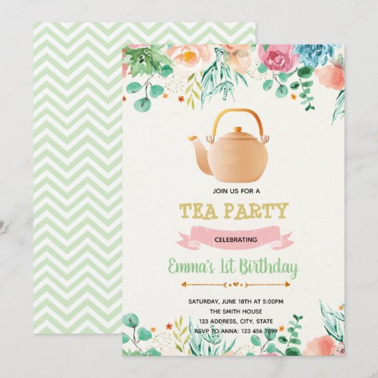 Moederdag tea party-uitnodiging kaart (Voorkant / Achterkant)