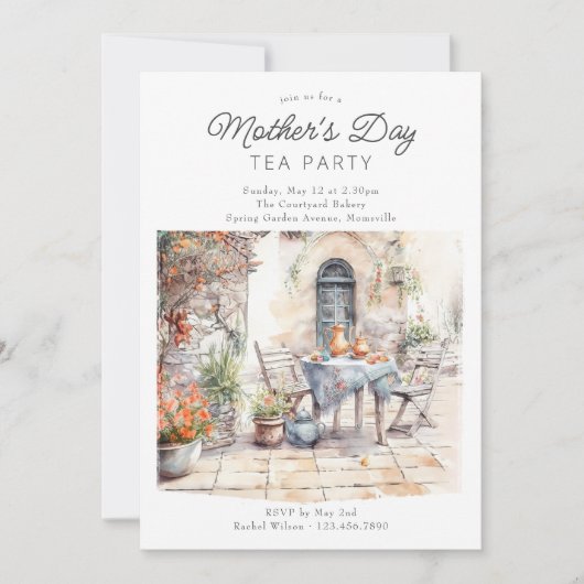 Moederdag Tea Party Waterverf Tuin Binnenplaats Kaart (Voorkant)