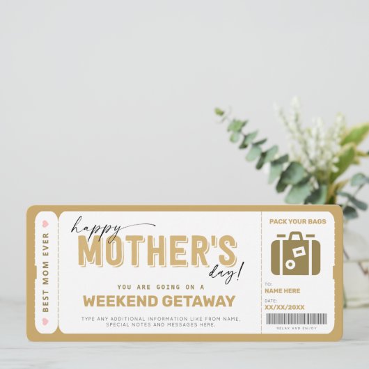 Moederdag Ticket Weekend Getaway Voucher Kaart (Staand voorkant)