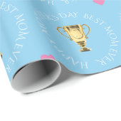 Moederdag trofee aangepaste tekst blauw cadeaupapier (Rol Hoek)
