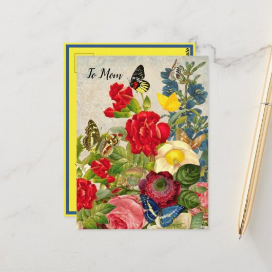 Moederdag Tuin Anjers Rozen Vlinders Briefkaart (Voorkant / Achterkant in situ)
