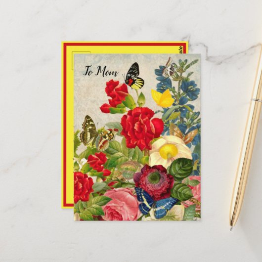 Moederdag Tuin Anjers Rozen Vlinders Briefkaart (Voorkant / Achterkant in situ)