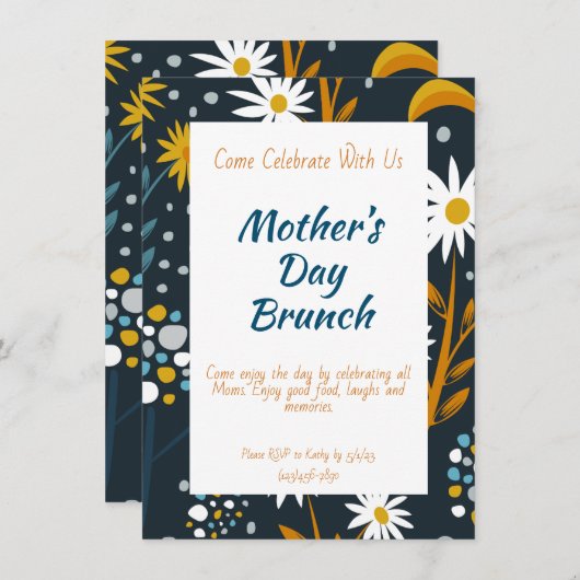 Moederdag Uitnodiging- Donkerblauw met bloemen (Voorkant / Achterkant)