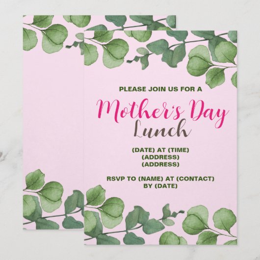 Moederdag Uitnodiging Kaart, bewerkbare Sjabloon (Voorkant / Achterkant)