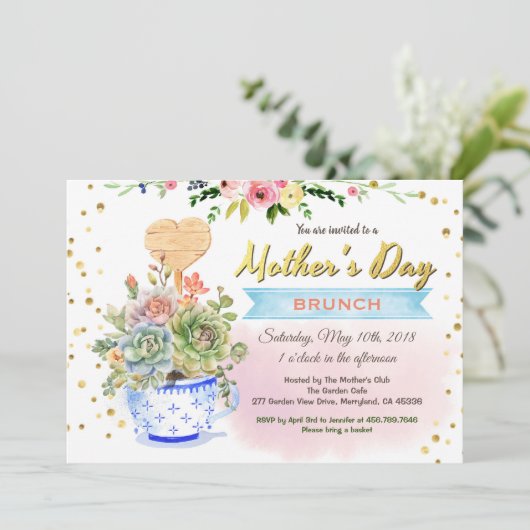 Moederdag uitnodiging. Waterverf succulent Kaart (Staand voorkant)