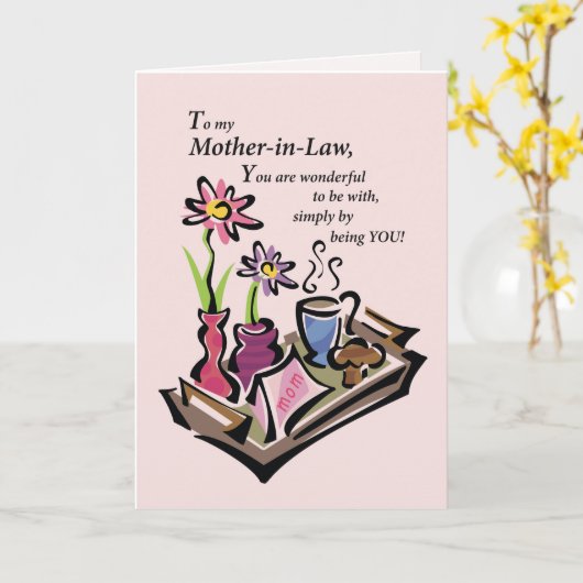 Moederdag van de schoonmoeder, ontbijt in bed, roz kaart (Gele Bloem)