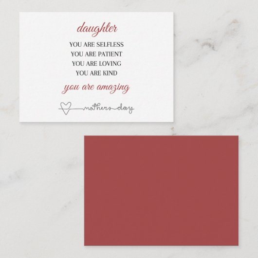 Moederdag van dochter, Moederdag kaart gedicht Notitiekaartje (Voorkant / Achterkant)