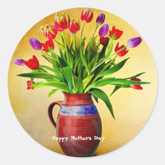 Moederdag  Vase en Bloemen Ronde Sticker (Voorkant)