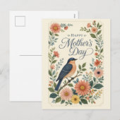 Moederdag Vintage Blauwe Vogel Bloementuin Feestdagenkaart (Voorkant / Achterkant)