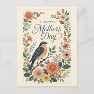 Moederdag Vintage Blauwe Vogel Bloementuin Feestdagenkaart