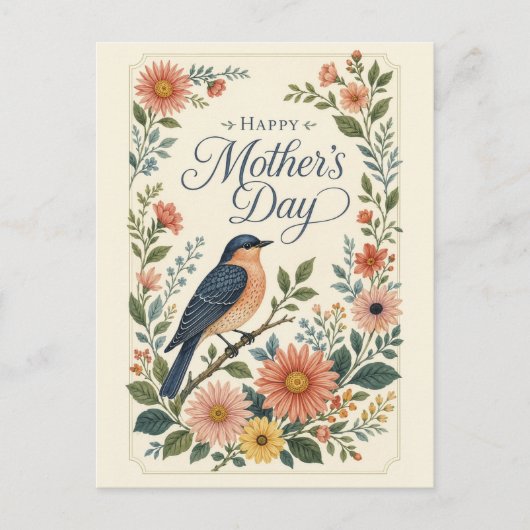 Moederdag Vintage Blauwe Vogel Bloementuin Feestdagenkaart (Voorkant)