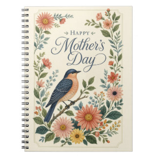 Moederdag Vintage Blauwe Vogel Bloementuin Notitieboek