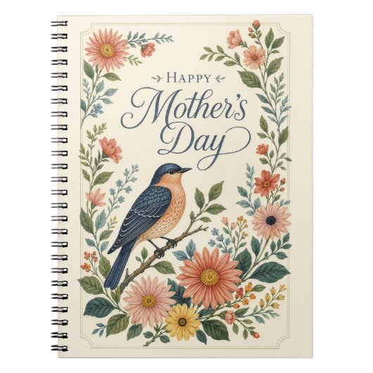 Moederdag Vintage Blauwe Vogel Bloementuin Notitieboek (Voorkant)