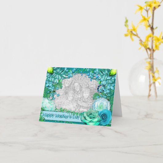 Moederdag - VOEG UW FOTO toe - Blauwe Fantasie Kaart (Gele Bloem)