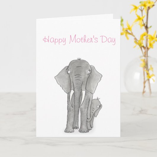 Moederdag voor moeder en baby olifant kaart (Gele Bloem)