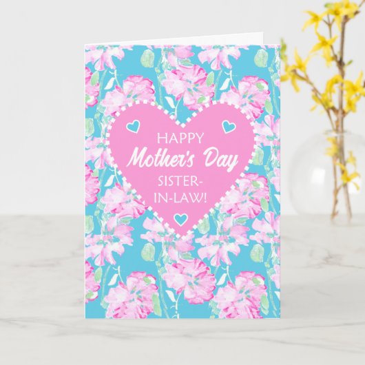 Moederdag voor schoonzus Pink Roses op blauw Kaart (Gele Bloem)