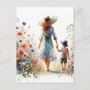 Moederdag Vrouw en Kind in Bloementuin Briefkaart