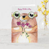 Moederdag waterverf beer met boeket kaart (Gele Bloem)