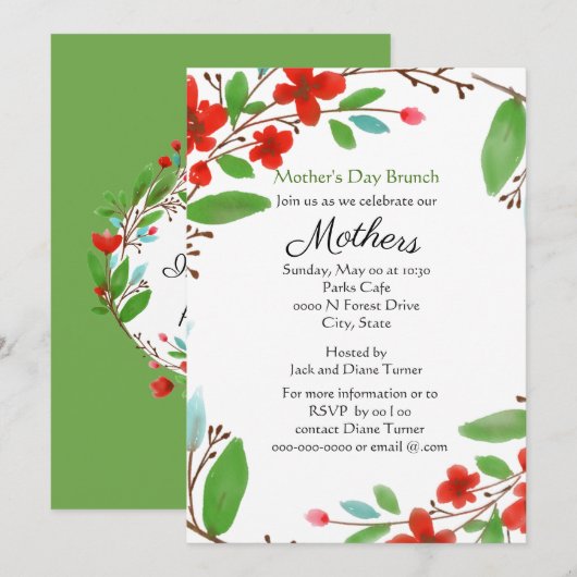 Moederdag Waterverf Rode Bloemen Brunch  Kaart (Voorkant / Achterkant)