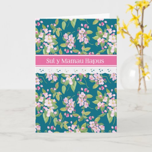 Moederdag Welsh Groet Roze Appelbloesem Kaart (Gele Bloem)