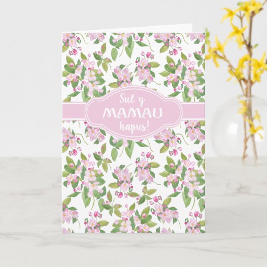 Moederdag Welsh Groet Roze Appelbloesem Kaart (Gele Bloem)