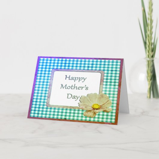 Moederdag White Flower and Blue Gingham Kaart (Voorkant)