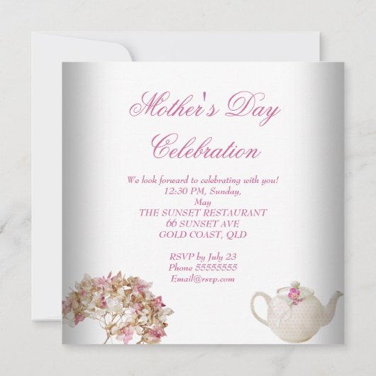 Moederdag White Pink floral Tea Kaart (Achterkant)