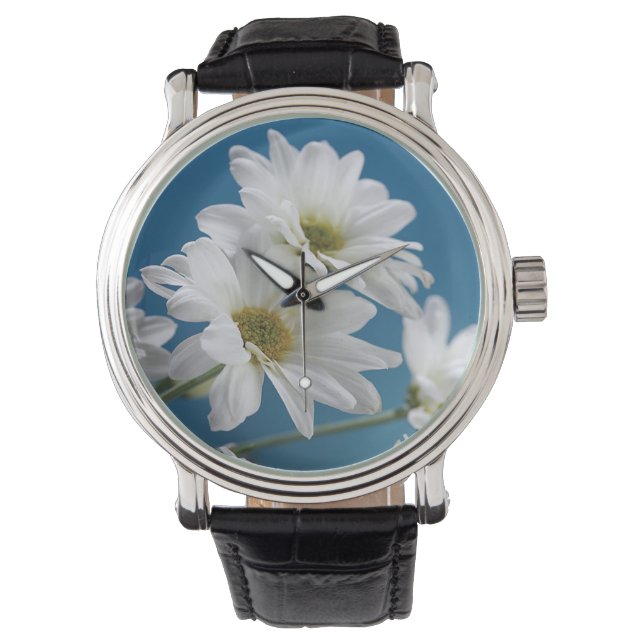 Moederdag Witte Daisies Tuin van Liefde Blauwe Hem Horloge (Voorkant)