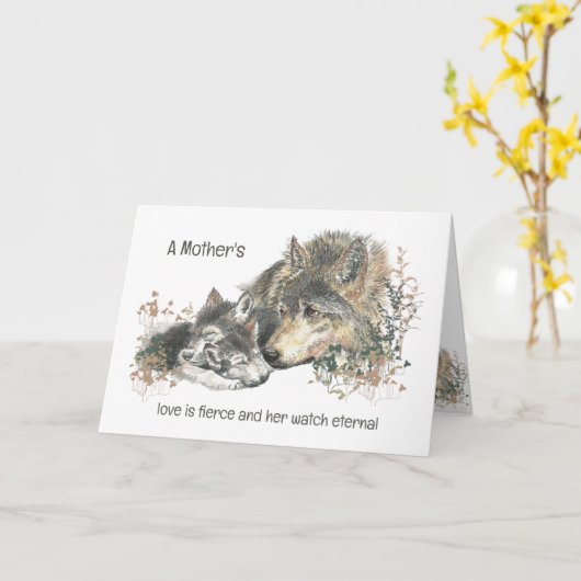 Moederdag Wolf Mom Love Fierce Watch Eternal Kaart (Gele Bloem)