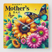 Moederdag: Zonnebloemen, Vlinders, Joy Vierkante Klok (Voorkant)