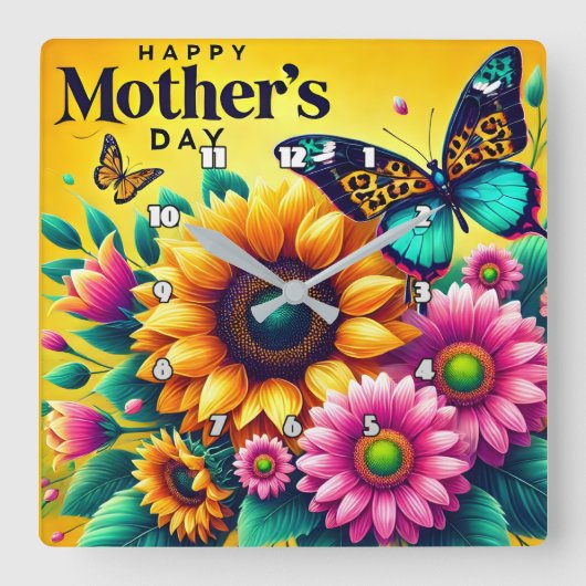 Moederdag: Zonnebloemen, Vlinders, Joy Vierkante Klok (Voorkant)