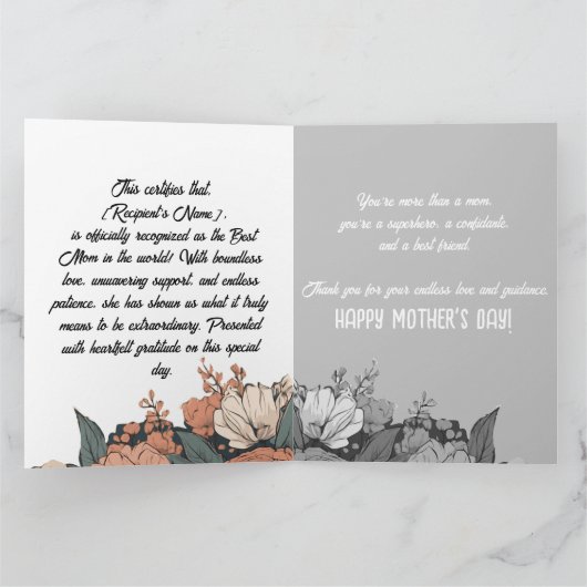 Moederdagcertificaat voor de beste moeder kaart (Binnen)
