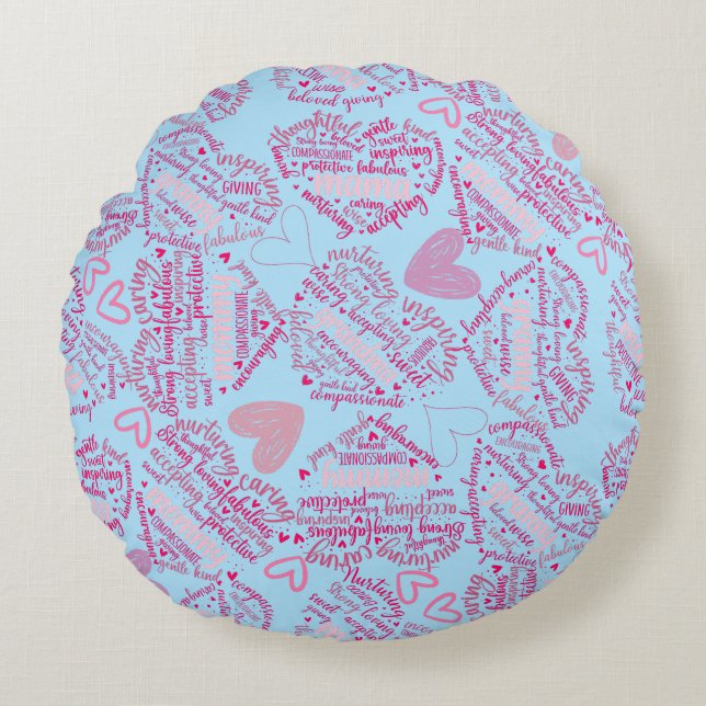 Moederdagen harten 01.Roze blauw BG Rond Kussen (Voorkant)