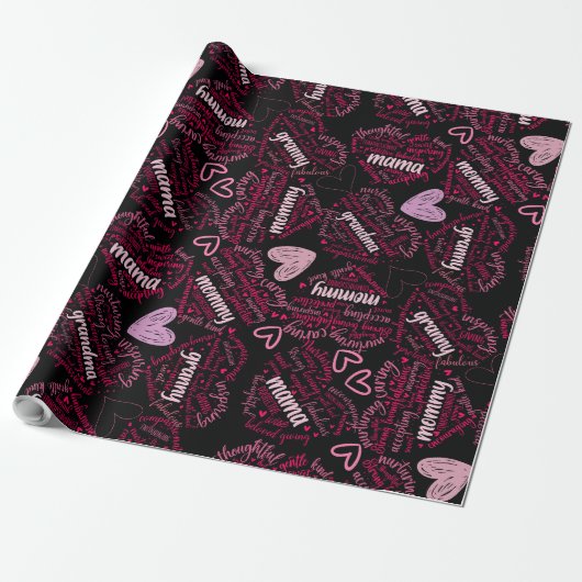 Moederdagen harten 01.Roze zwarte BG Cadeaupapier (Uitgerold)