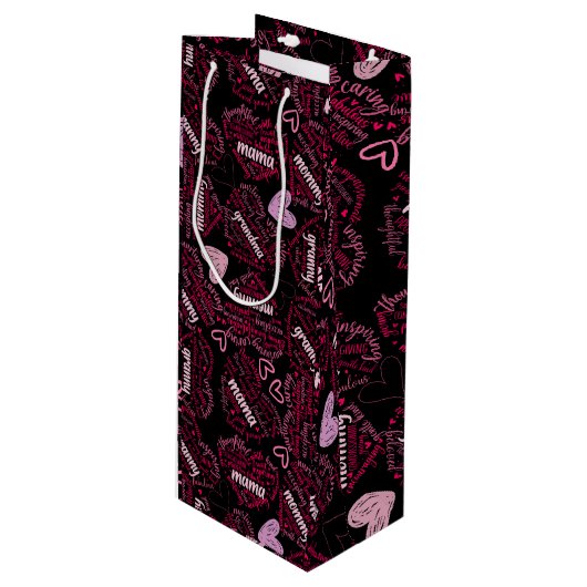 Moederdagen harten 01.Roze zwarte BG Wijn Cadeautas (Voorkant Gekanteld)