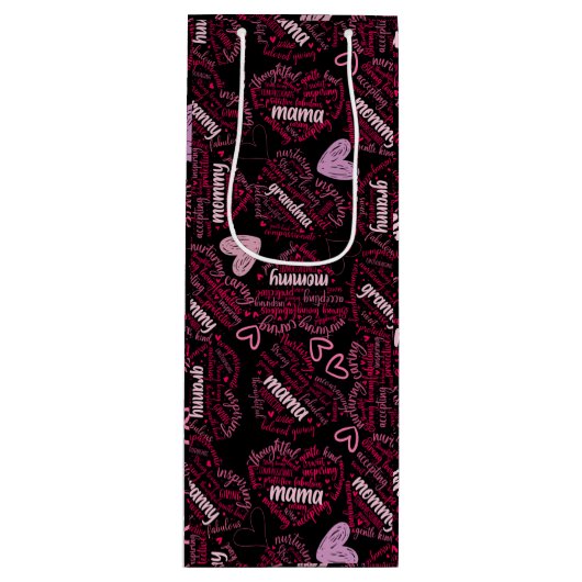 Moederdagen harten 01.Roze zwarte BG Wijn Cadeautas (Voorkant)