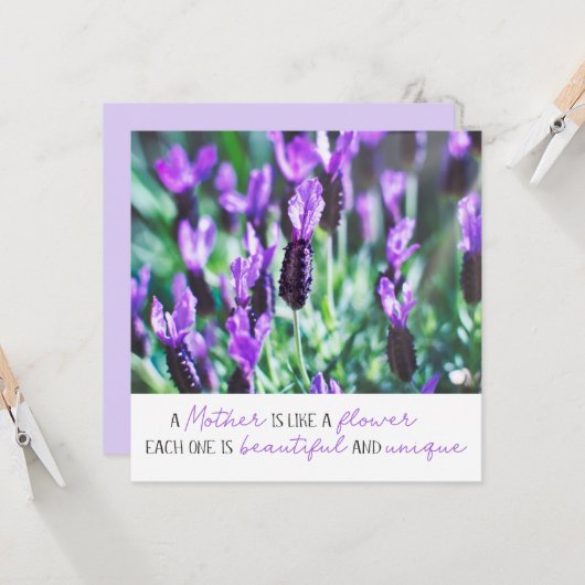 Moederdagen paarbloemen met lavendelbloem kaart (Voorkant / Achterkant in situ)