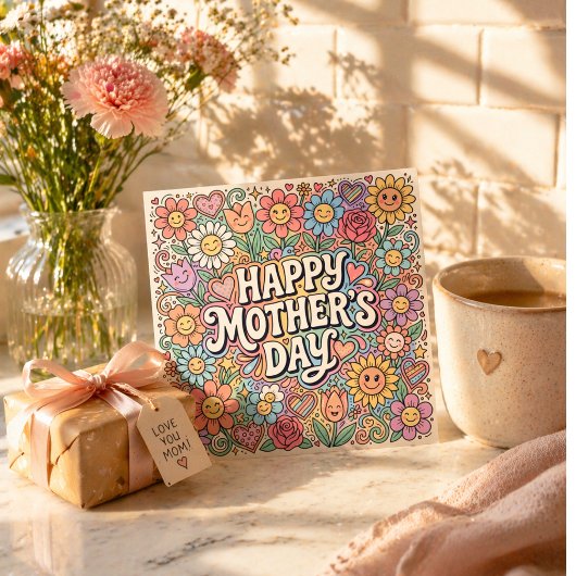 Moederdagkaart Cute Floral Doodle Pastel Kaart
