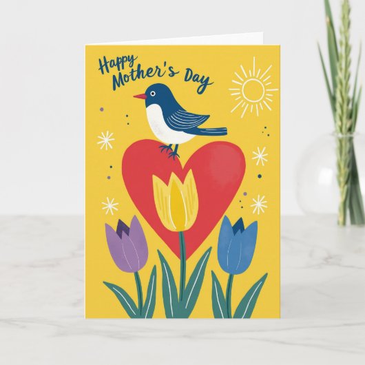 Moederdagkaart met bloemen en vogel kaart (Voorkant)