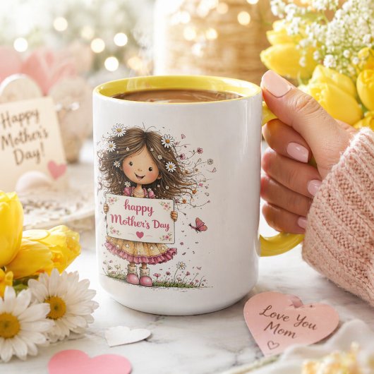 Moederdagkaart met illustratie van kind & madelief mok