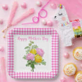 Moederdagrozen met roze Gingham   Papieren Bordje (Feest)