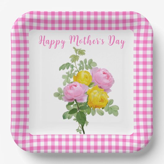 Moederdagrozen met roze Gingham   Papieren Bordje (Voorkant)