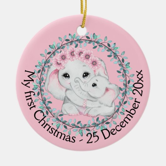 Moederdochter eerste kerstfoto-olifant keramisch ornament (Voorkant)