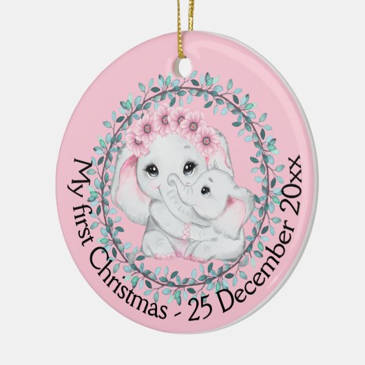Moederdochter eerste kerstfoto-olifant keramisch ornament (Links)