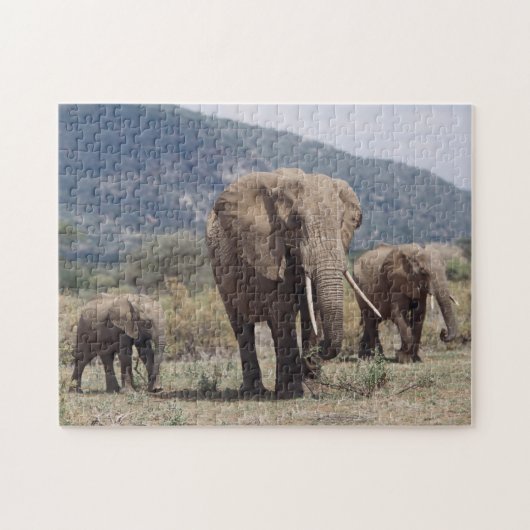 Moederelefant loopt met olifantkalf legpuzzel (Horizontaal)