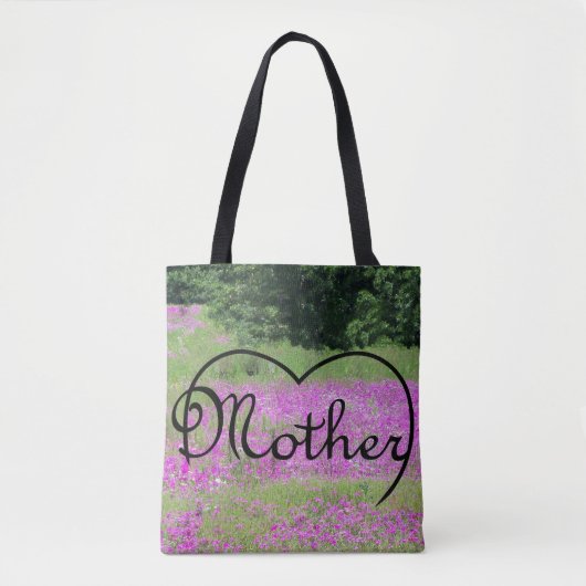 Moederhart op roze wildbloemen canvas tas (Voorkant)