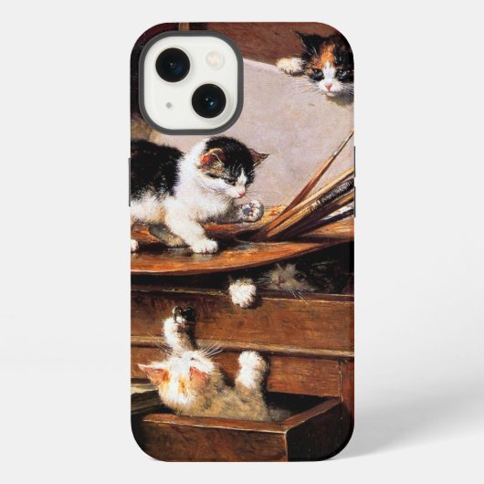 Moederkat en kittens op tafel iPhone hoesje (Achterkant)